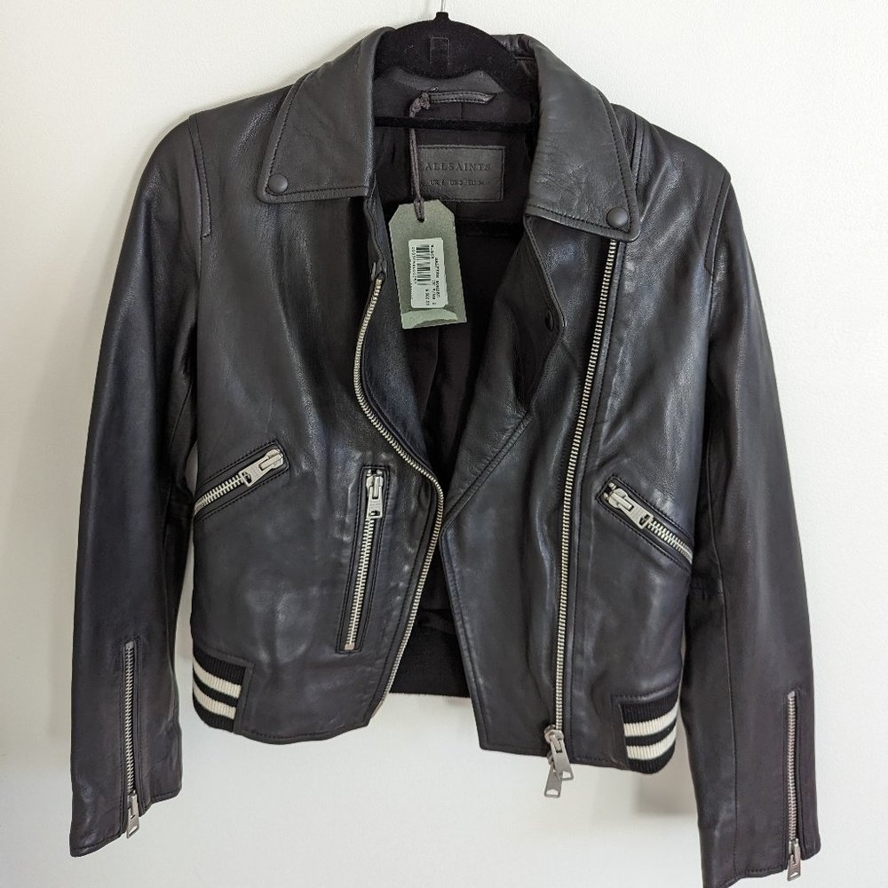 NWT All Saints Balfern Leather Jacket, Black, US Size 2